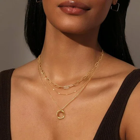 Elegant 3-Pc Layered Necklace Set for Women - 14K Gold Plated & Adjustable - Picture 5 of 7